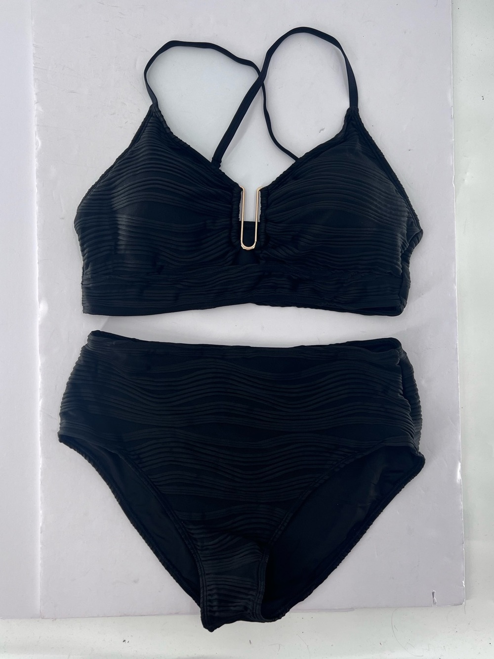 2 Piece Black Bikini Set U-Wire Cutout Swimsuit High Waisted Textured size XL - Picture 4 of 11